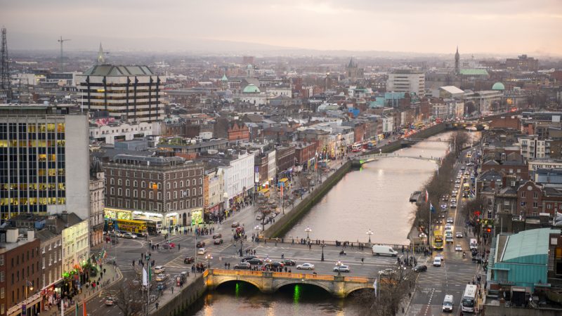 Dublin city centre from above at sunset, Dublin, Ireland.